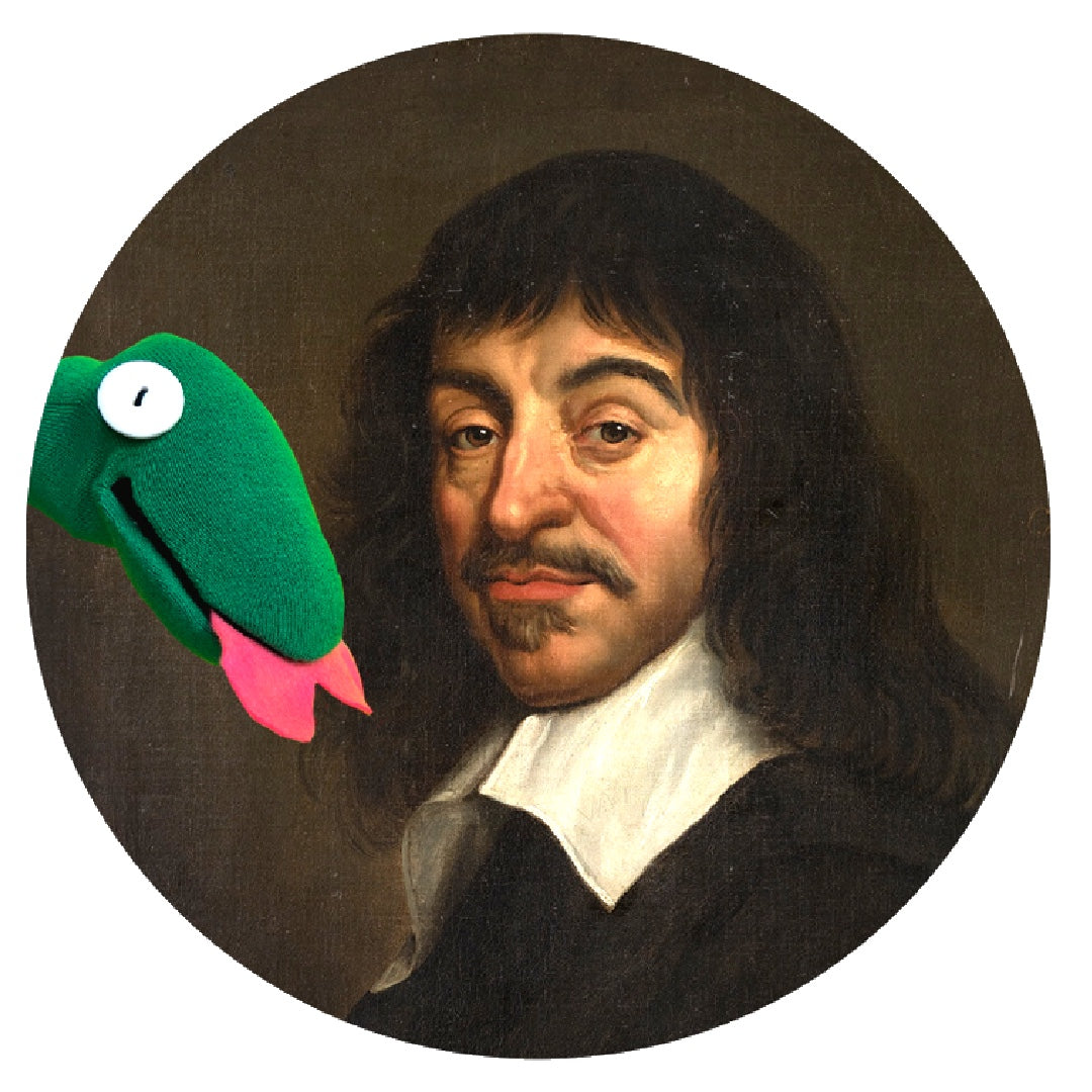 A circular portrait of Descartes at 3/4 angle wearing a dark top with an oversized white collar, Scribble snake sock puppet is to the left and both the puppet and Descartes are looking directly at the viewer