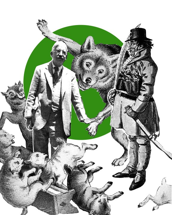 A black and white image John Dewey and Johann Gottlieb Fichte standing opposite each other. A vintage illustration of the big bad wolf and some scared sheep Dewey protects the sheep and Fichte stands with the wolf. 