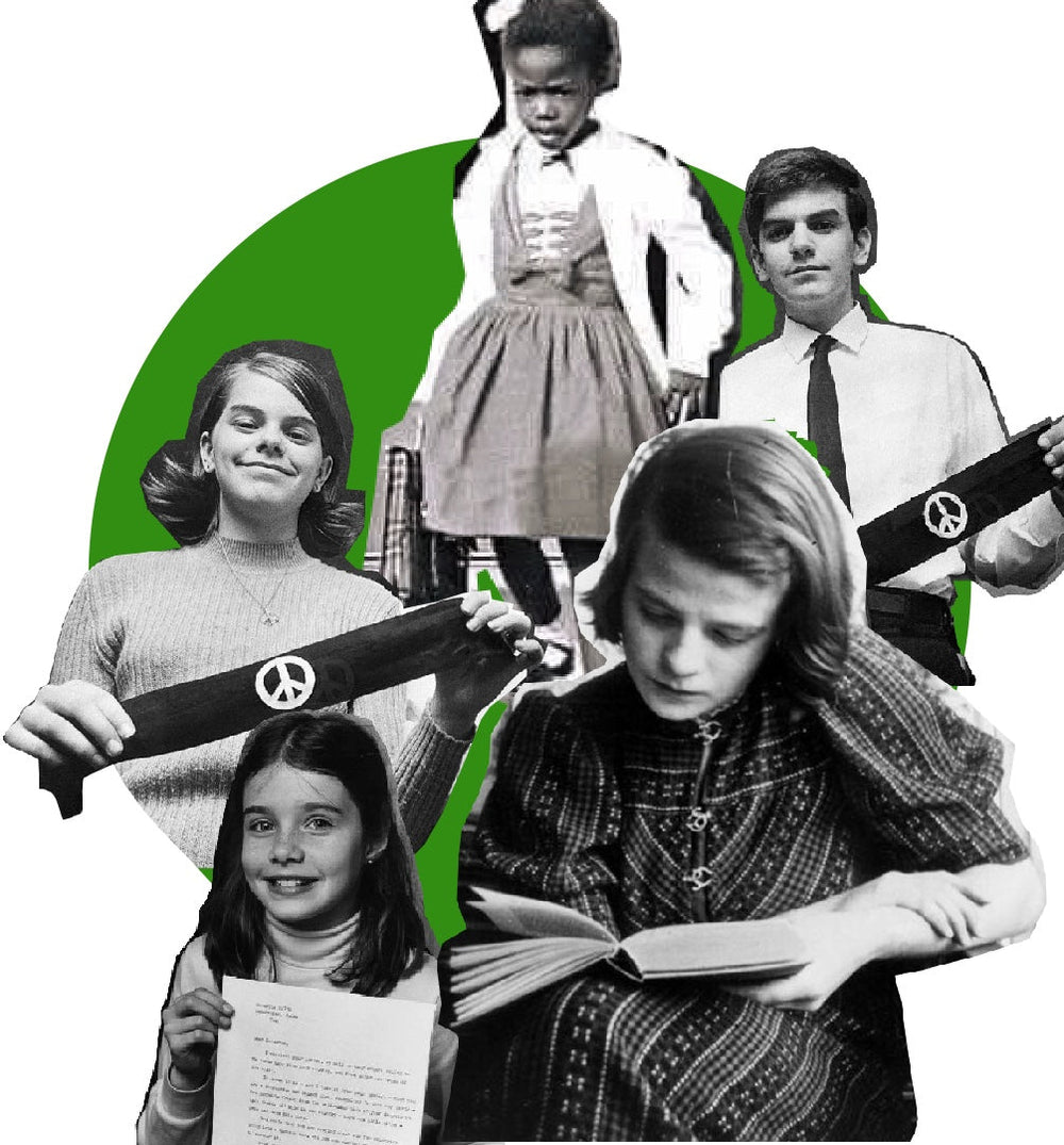  A collage of Ruby Bridges, Mary Beth and John Tinker, Samantha Smith, Sophie Scholl with a green circle as background