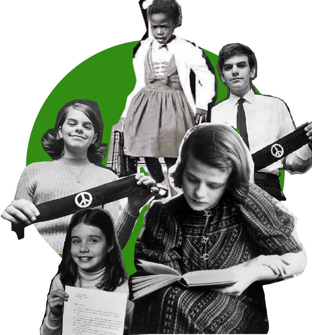  A collage of Ruby Bridges, Mary Beth and John Tinker, Samantha Smith, Sophie Scholl with a green circle as background