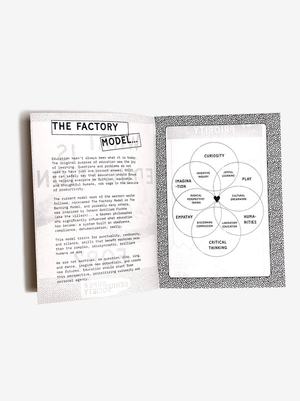 Zine spread of What Is Education For? with text about the factory model of education and a diagram on the super genius approach to education on a white background