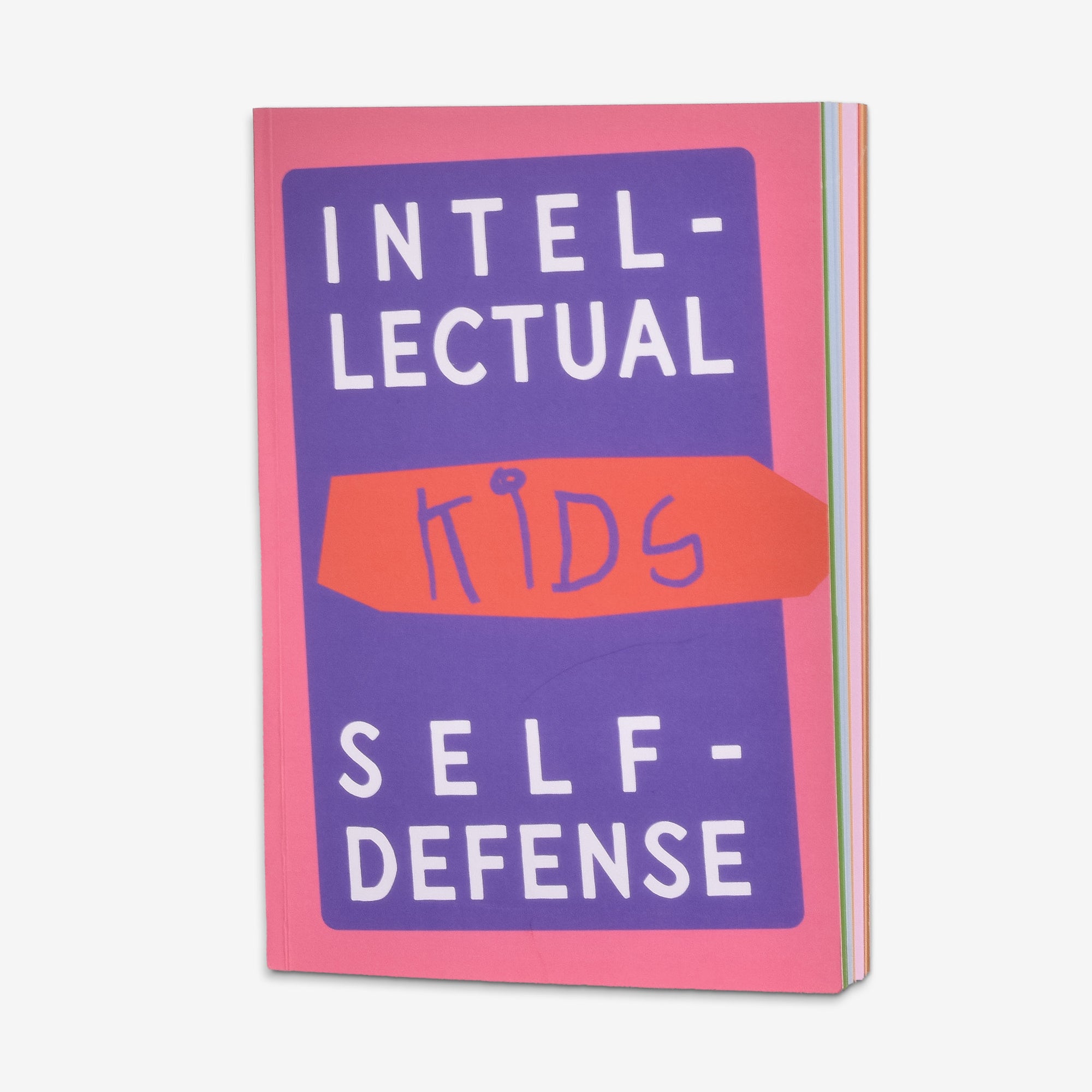 Notebook with 'Intellectual Kids Self-Defense' text on a pink and purple cover