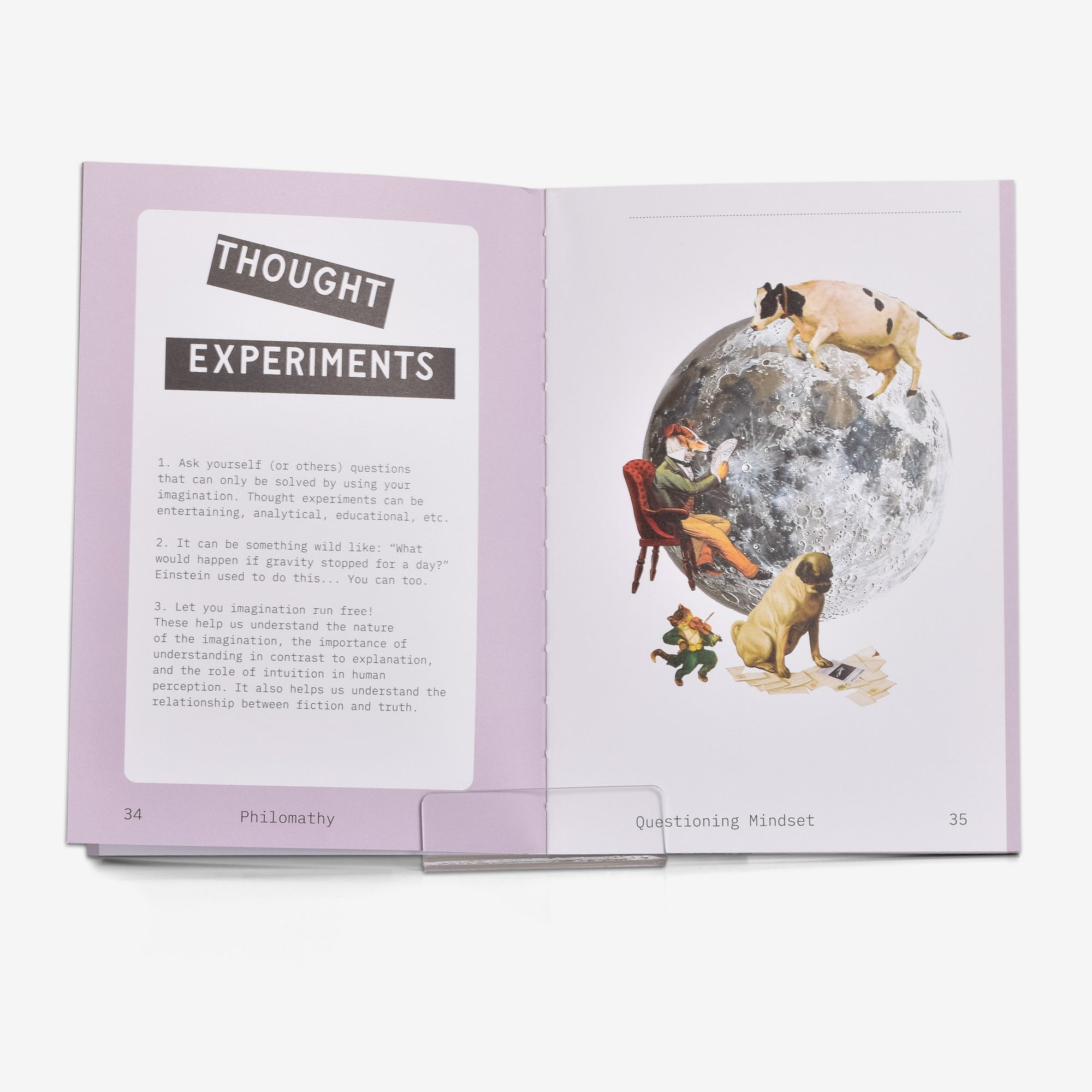 Open book to an activity called Thought Experiments with a collage of pictures and vintage illustrations that together form the poem Hey Diddle Diddle on a white background