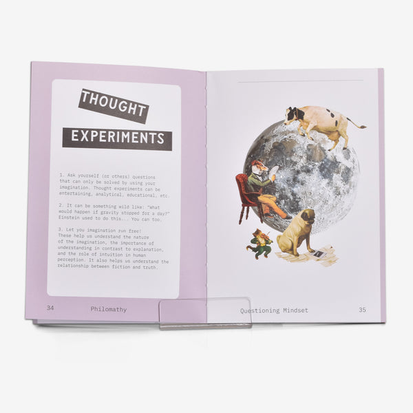 Open book to an activity called Thought Experiments with a collage of pictures and vintage illustrations that together form the poem Hey Diddle Diddle on a white background