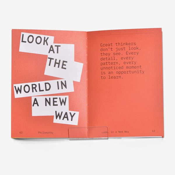 Open book to a red pages with the introduction text to a chapter called Look At The World In A New Way and some text about looking and seeing, on a white background