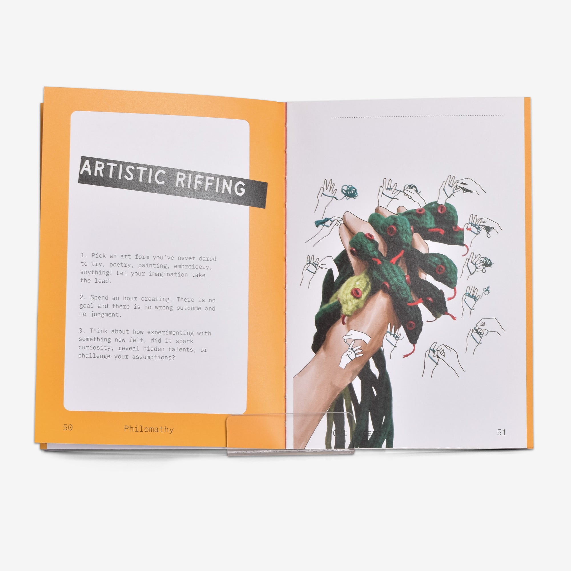 Open book showing a page with text Artistic Riffing, and another with a collage  of a hand holding knitted  green snakes with red tongues and black and white line illustrations for instructions to knit the snakes around.