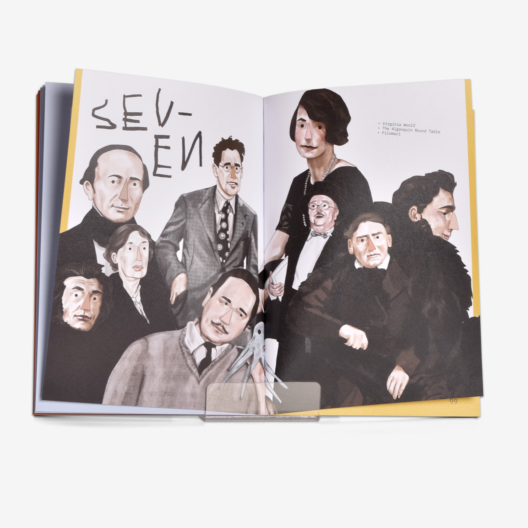 Open book showing a collage of portraits with the word 'SEVEN' for the chapter of Virginia Woolf, The Algonquin Round Table, and The Philomaths of Filomaci with yellow colorblocking on the page edges on a white background