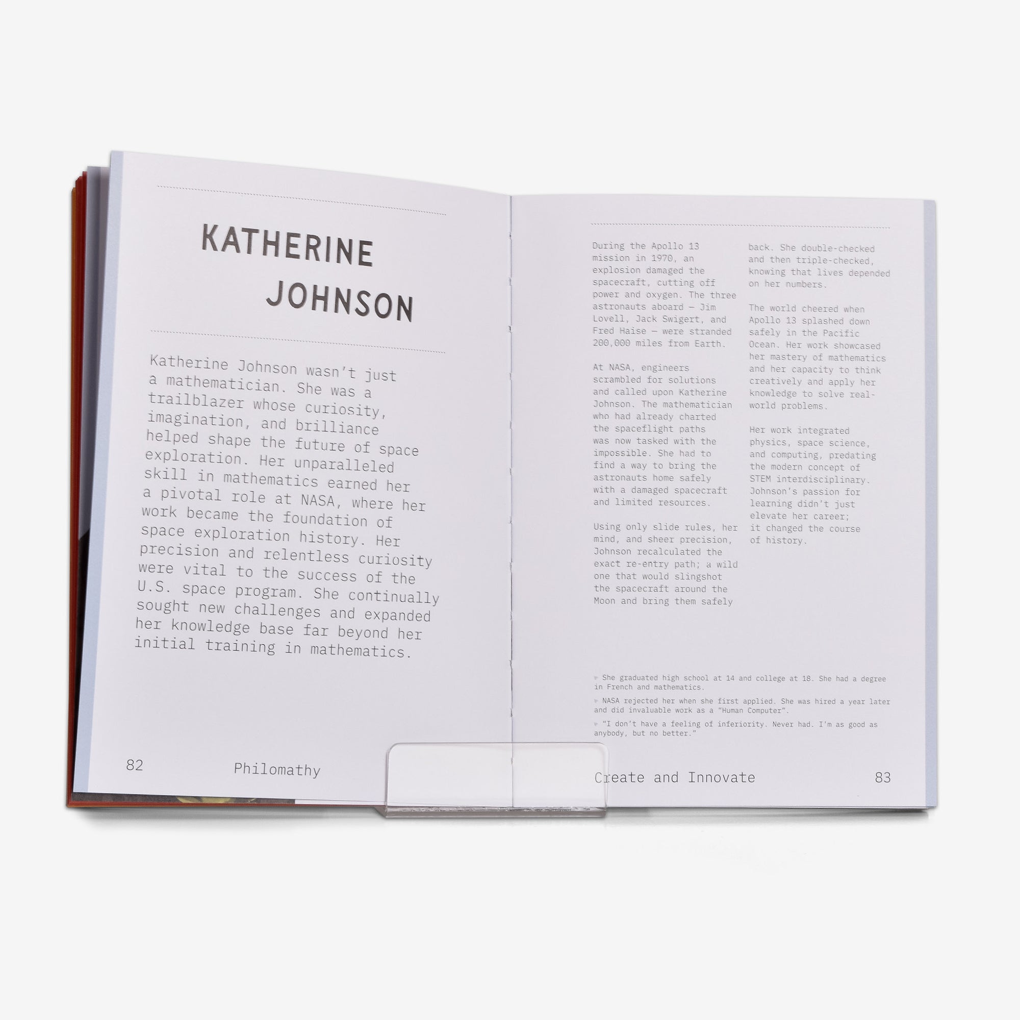 Open book with text about Katherine Johnson for the chapter Create and Innovate on a white background