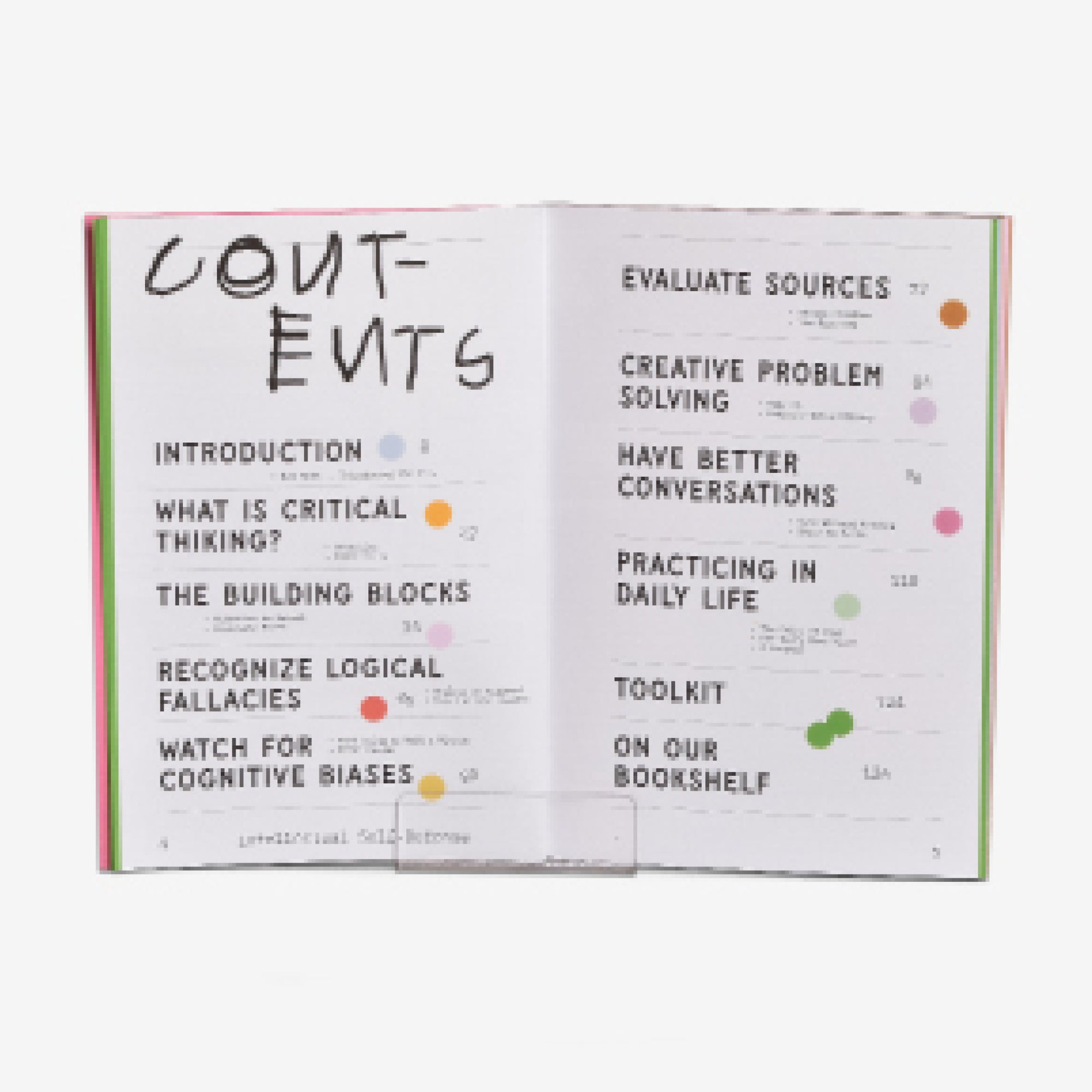 Open book to the table of contents chapter titles: Introduction, What is Critical Thinking? The Building Blocks, Recognize Logical Fallacies, Watch for Cognitive Biases, Evaluate Sources, Creative Problem Solving, Have Better Conversations, Practice in Daily Life, Toolkit, and On Our Bookshelf. Over a white background