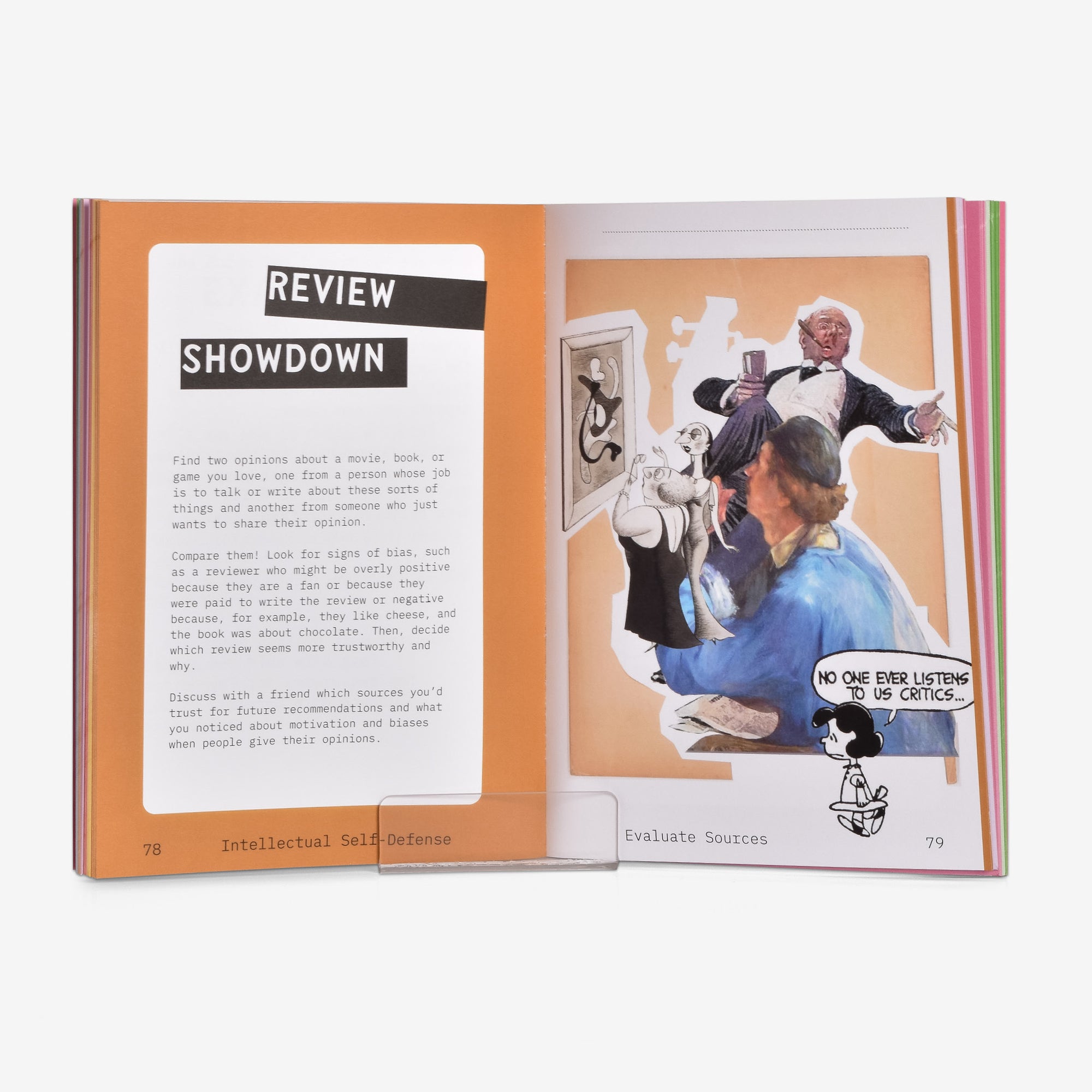 Open book with a collage on the right with artwork and illustrations and one of Mafalda saying "No one ever listens to us critics..." on a white background