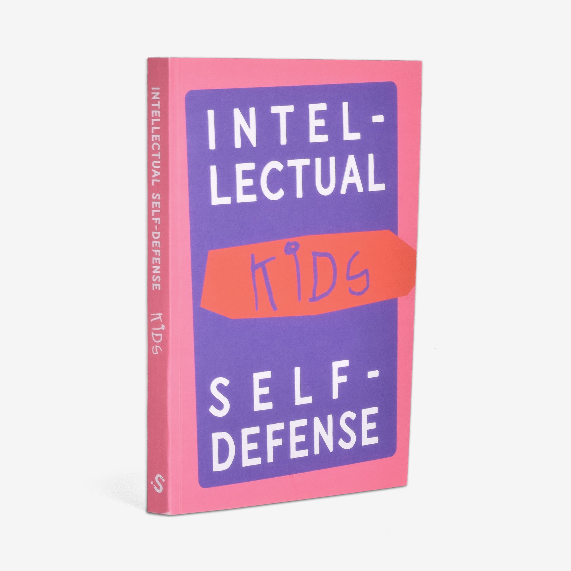 Book titled 'Intellectual Kids Self-Defense' and introduction to critical thinking with a pink and purple cover on a white background