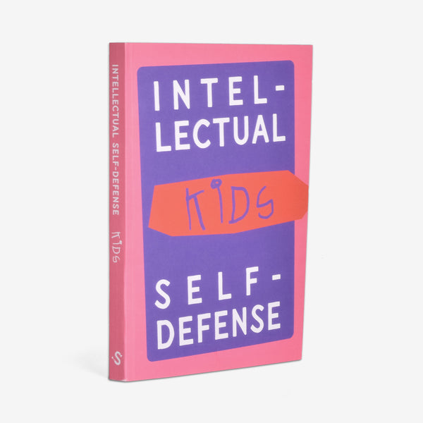 Book titled 'Intellectual Kids Self-Defense' and introduction to critical thinking with a pink and purple cover on a white background