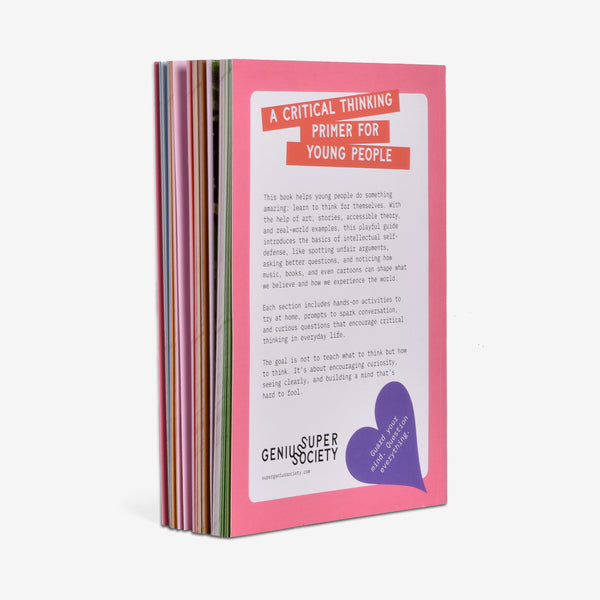 Book titled Intellectual Self-Defense for Kids and the back cover blurb saying 'A Critical Thinking Primer for Young People' with a pink cover and visible text.