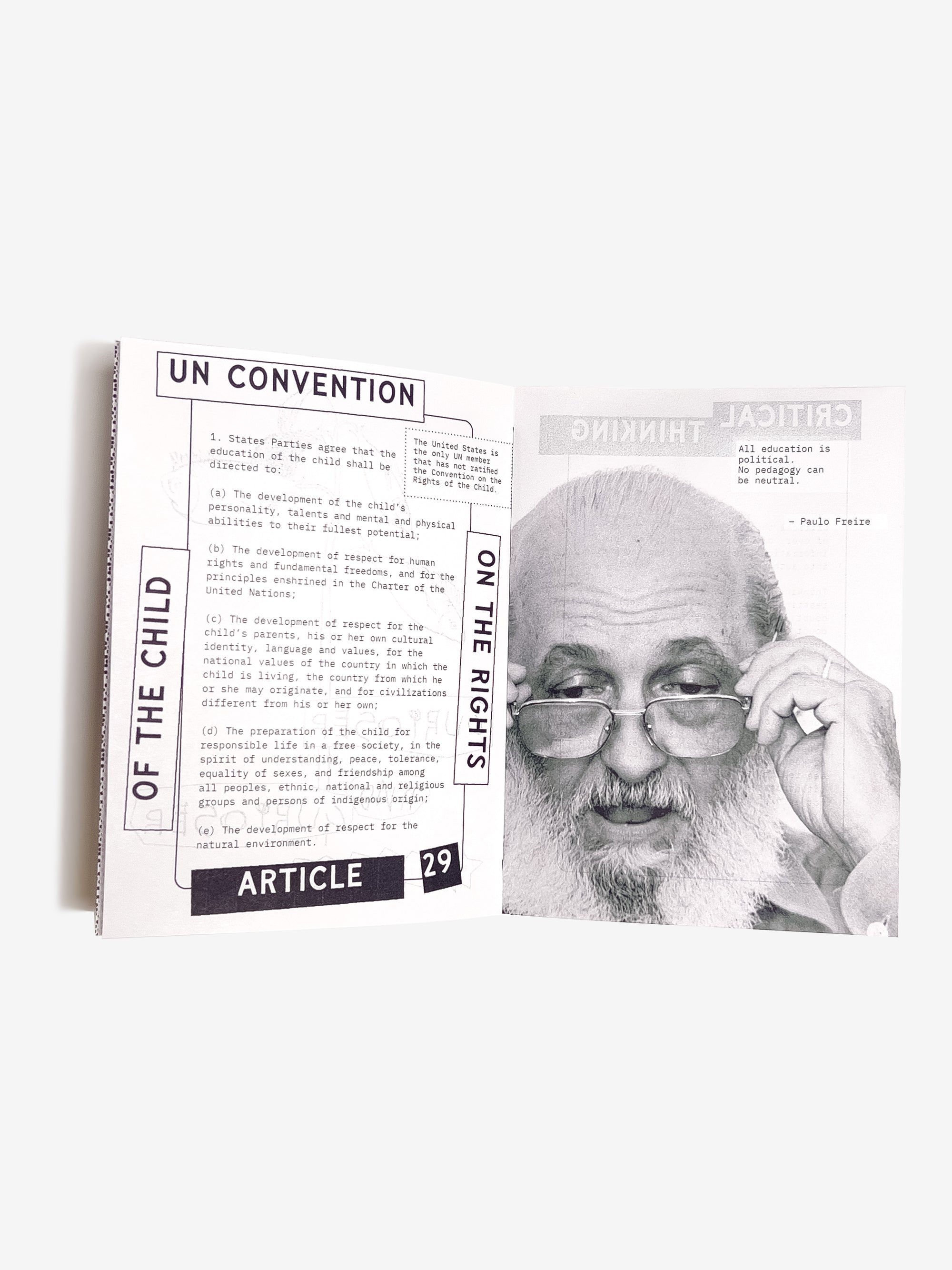 Zine spread with a black and white photo of a Paulo Freire featuring text about the Convention on the Rights of the Child Article 29.