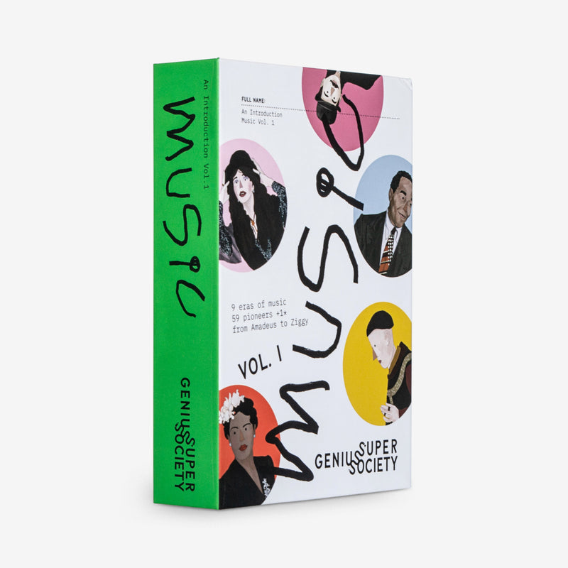 An front angled image of An Introduction Music Vol. 1 deck of cards box, which includes postcard sized cards with a history of music and musicians from antiquity to contemporary music to promote musical knowledge as well as creative and critical thinking. On the box are illustrations of Billie Holiday, Giacomo Puccini, Charlie Parker, Kate Bush and a medieval composer