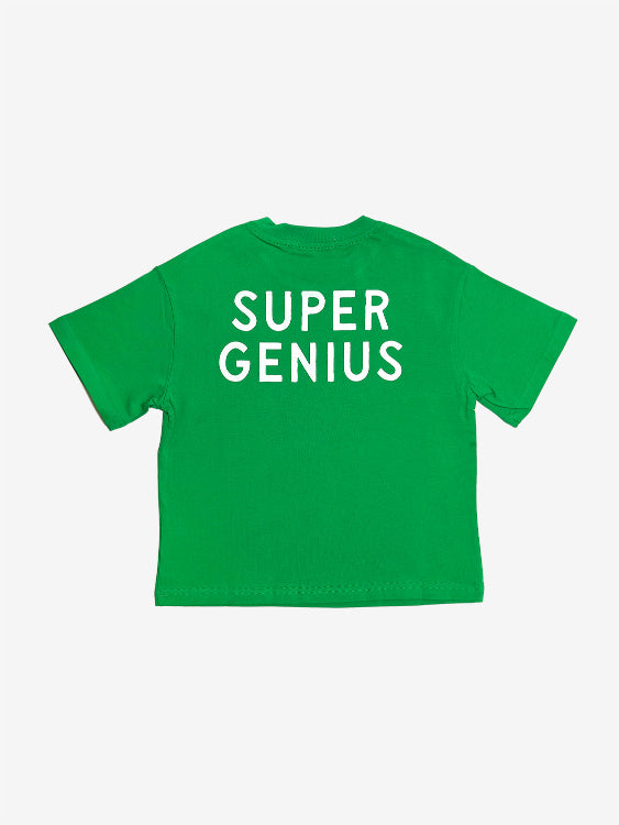 Green t-shirt with 'SUPER GENIUS' text on a white background