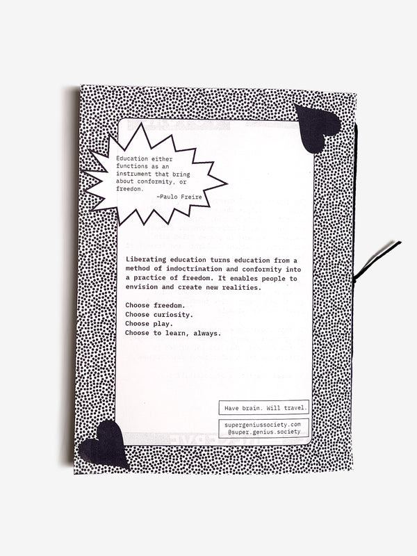 What Is Education For? zine back cover with black and white design, text, and hearts on a white background