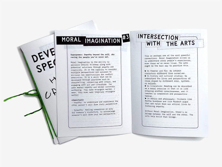 Developing Specifically Human Capacities Zine interior spread about Moral Imagination and its intersection with the arts