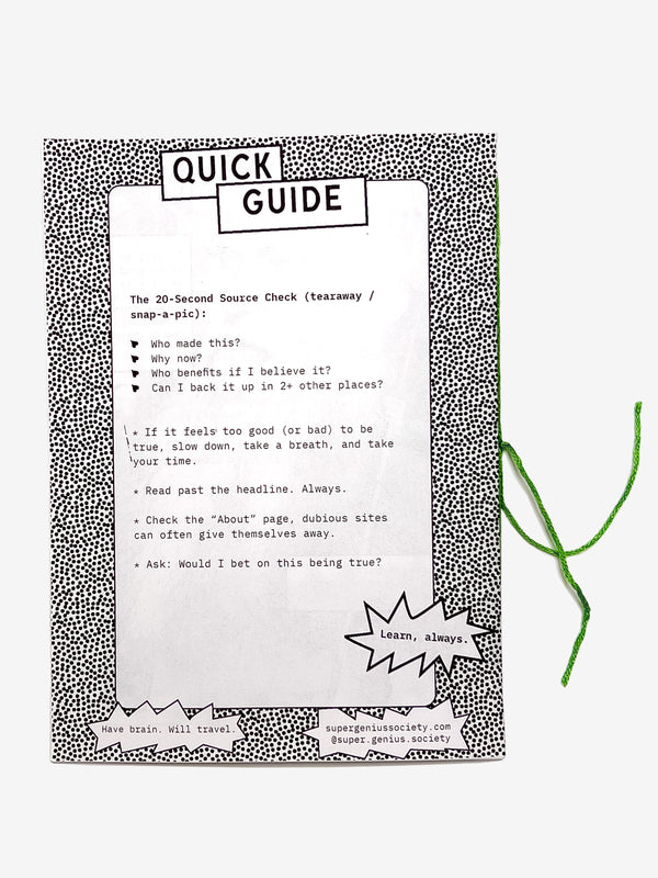 Back Cover for the Evaluating Sources Zine a quick guide with text and questions with green binding string on a white background