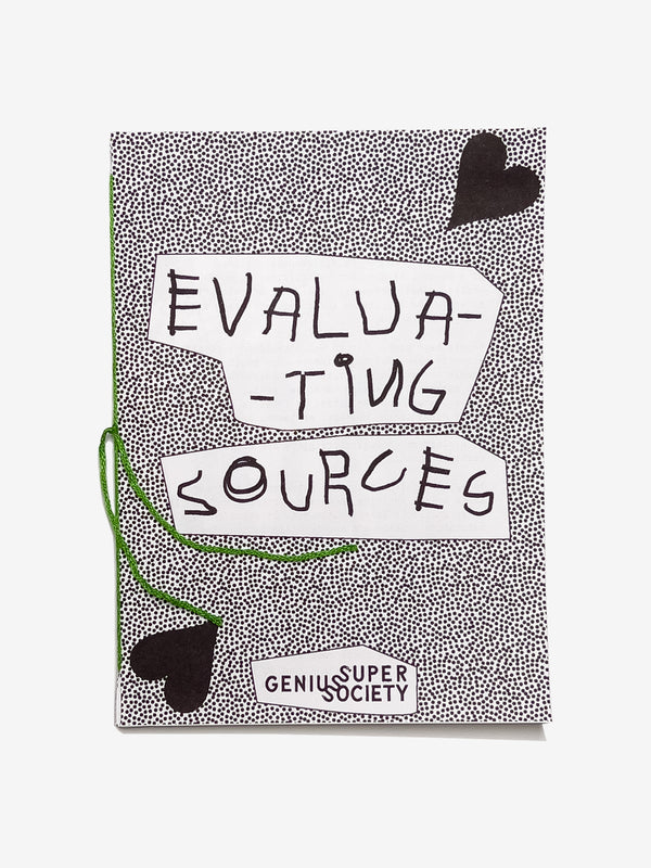 A zine titled 'Evaluating Sources' and a black heart design on a white background