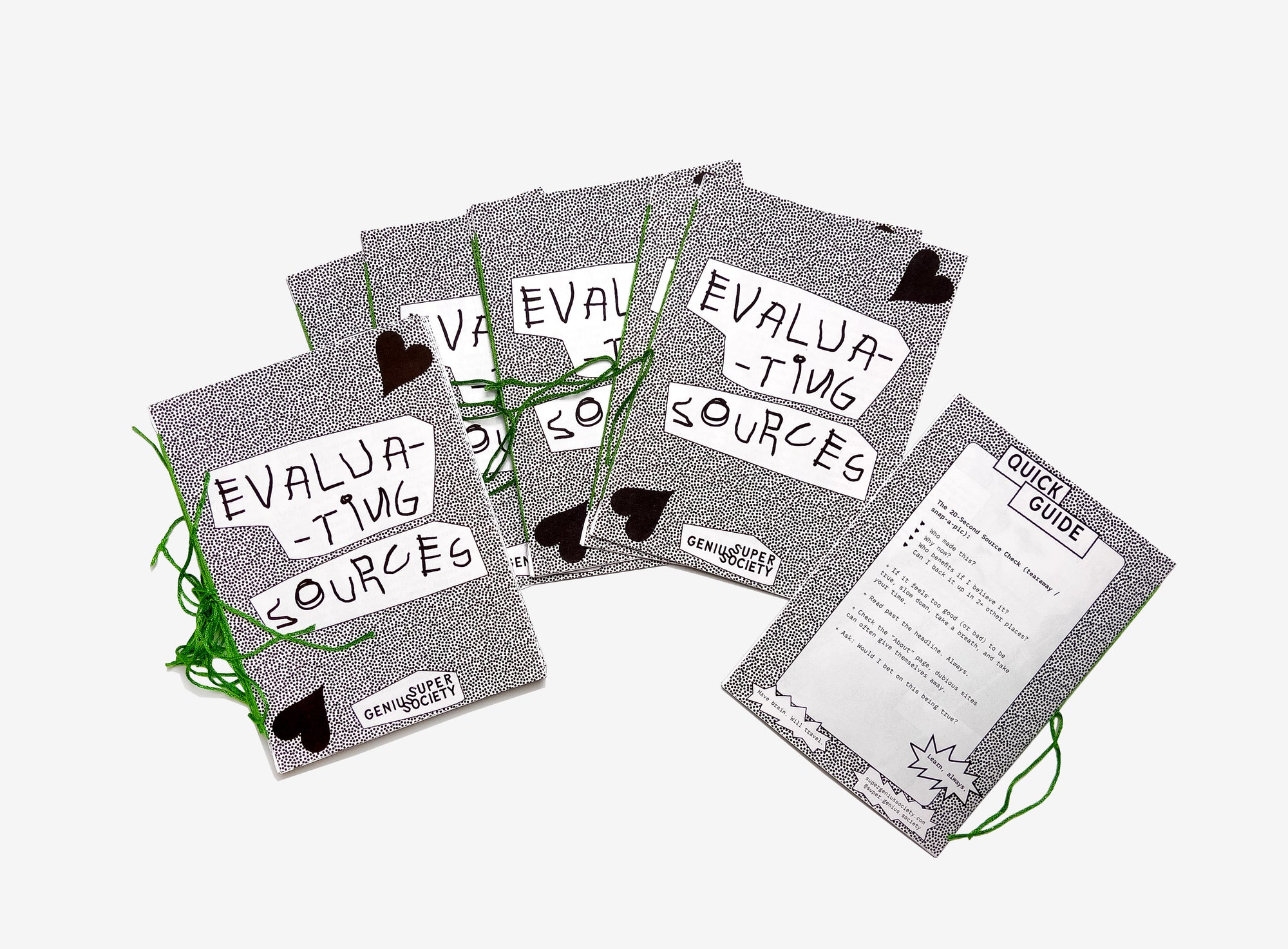 Set of educational zines on evaluating sources with text and graphics.