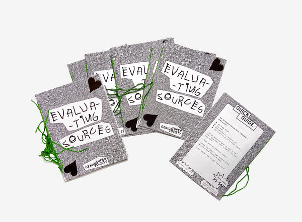 Set of educational zines on evaluating sources with text and graphics.