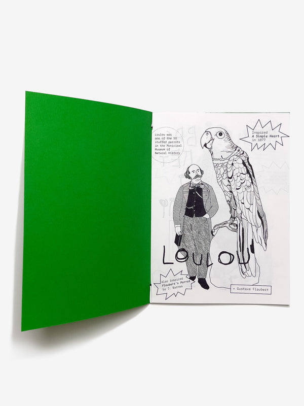 Open Flaubert Had a Parrot zine with a green cover and a page featuring a black and white illustration of Gustave Flaubert  looking up at LouLou the parrot, with text.