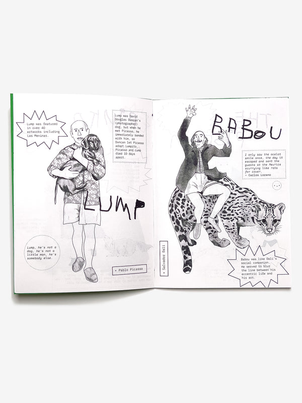 Open zine showing illustrations of Pablo Picasso holding a dachshund named 'Lump' and Salvador Dali with 'Babou' the ocelot in the background, with text bubbles.
