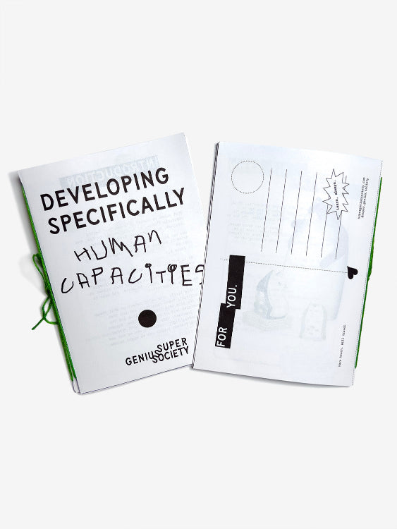 Developing Specifically Human Capacities Zine Front Cover and back cover where you can see the back is a tear-away made to look like a postcard with a message "Learn, Always" and the title For You