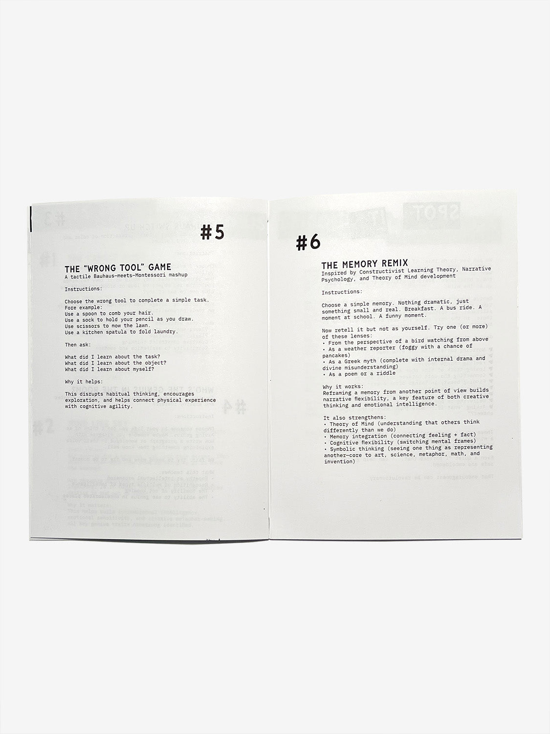 Open book showing pages with text on a white background