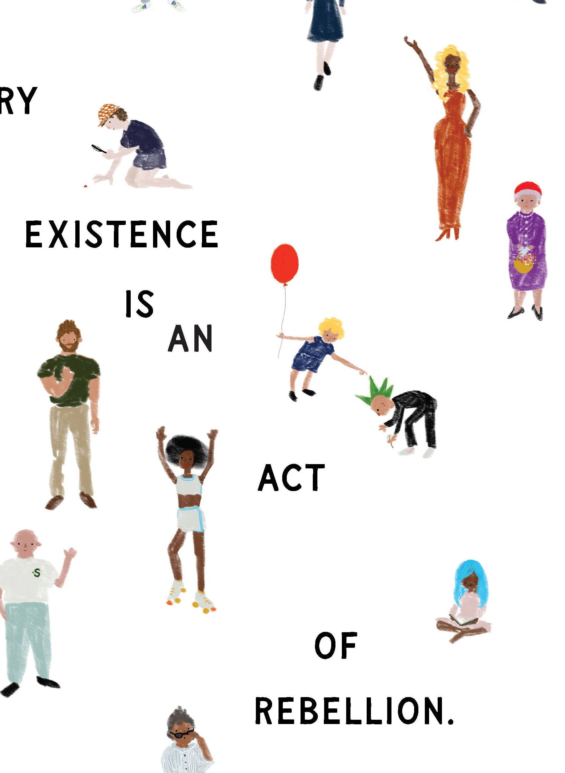 Zoom in of illustrated characters from the print, a boy with a red balloon about to touch a punk's spiked green hair picking a flower and a girl on roller skates and a big afro hair do