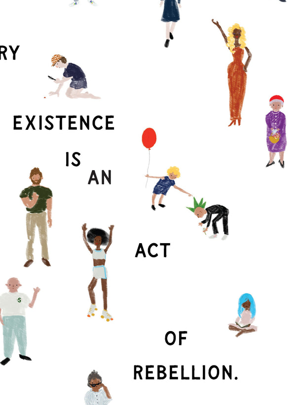 Zoom in of illustrated characters from the print, a boy with a red balloon about to touch a punk's spiked green hair picking a flower and a girl on roller skates and a big afro hair do