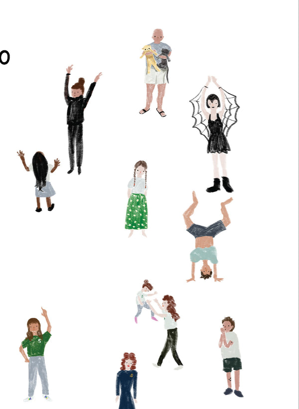 Illustrations of people in various poses with text on a white background
