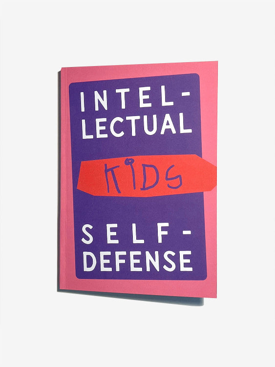 Book titled 'Intellectual Kids Self-Defense' which is a critical thinking guide with a pink and purple cover on a white background