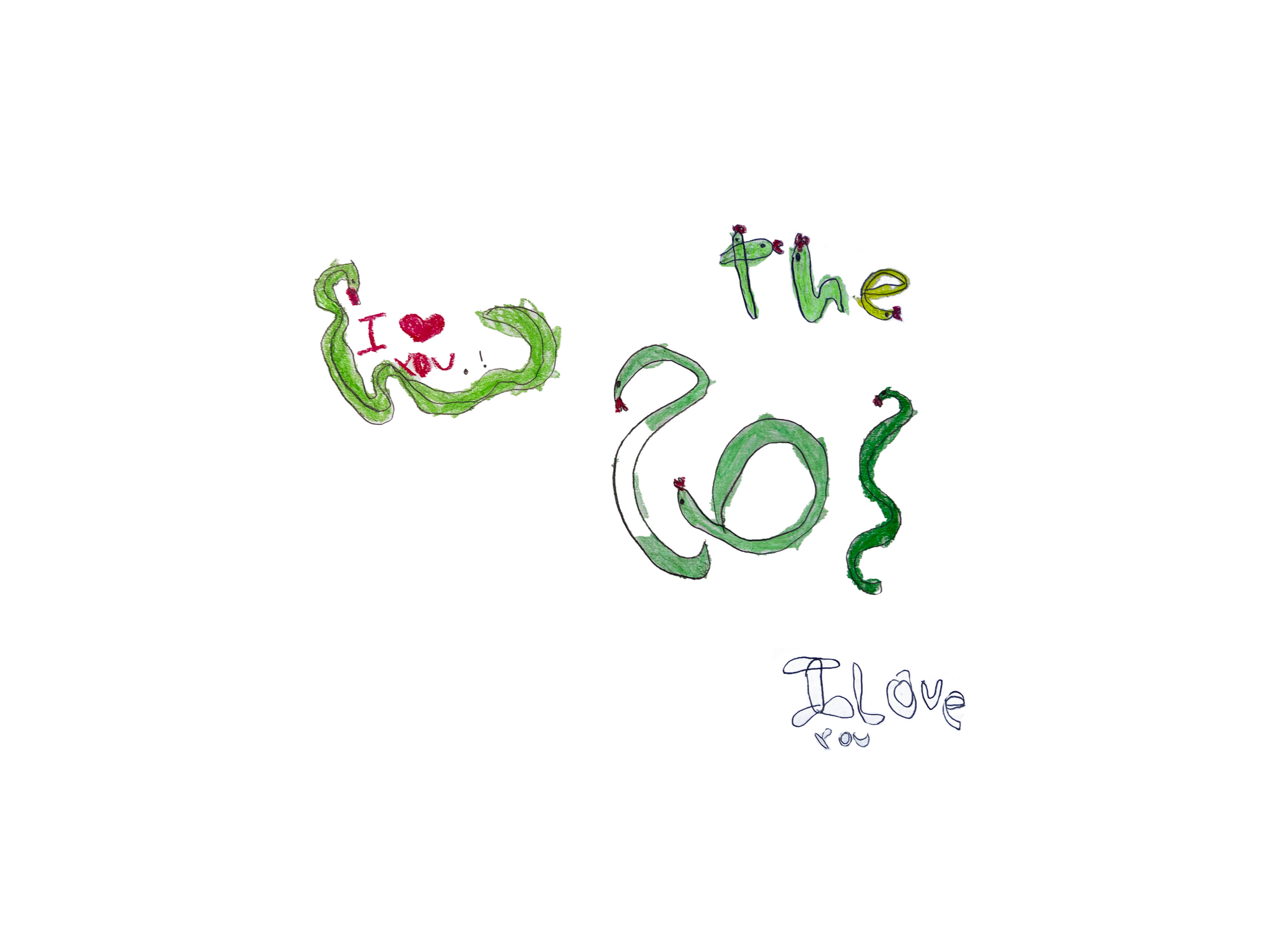 A drawing of a few snakes made by a child inspired by the Super Genius Society logo Scribble. The snakes are all green and have red heart tongues. Some of the snake bodies spell out words like "the" and "so" and it says I love you a couple of times.