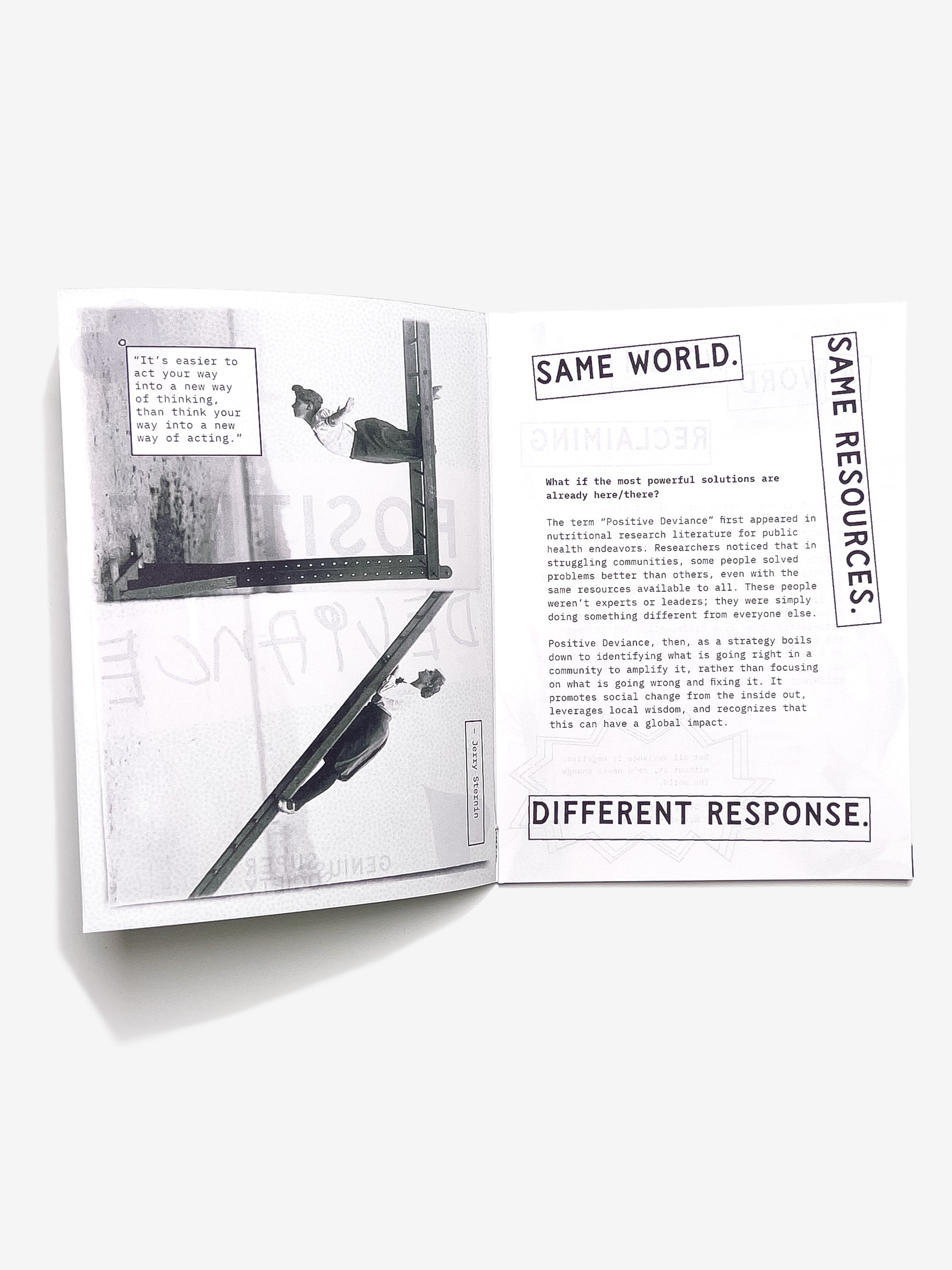Open Positive Deviance zine with text and black and white photos on a white background