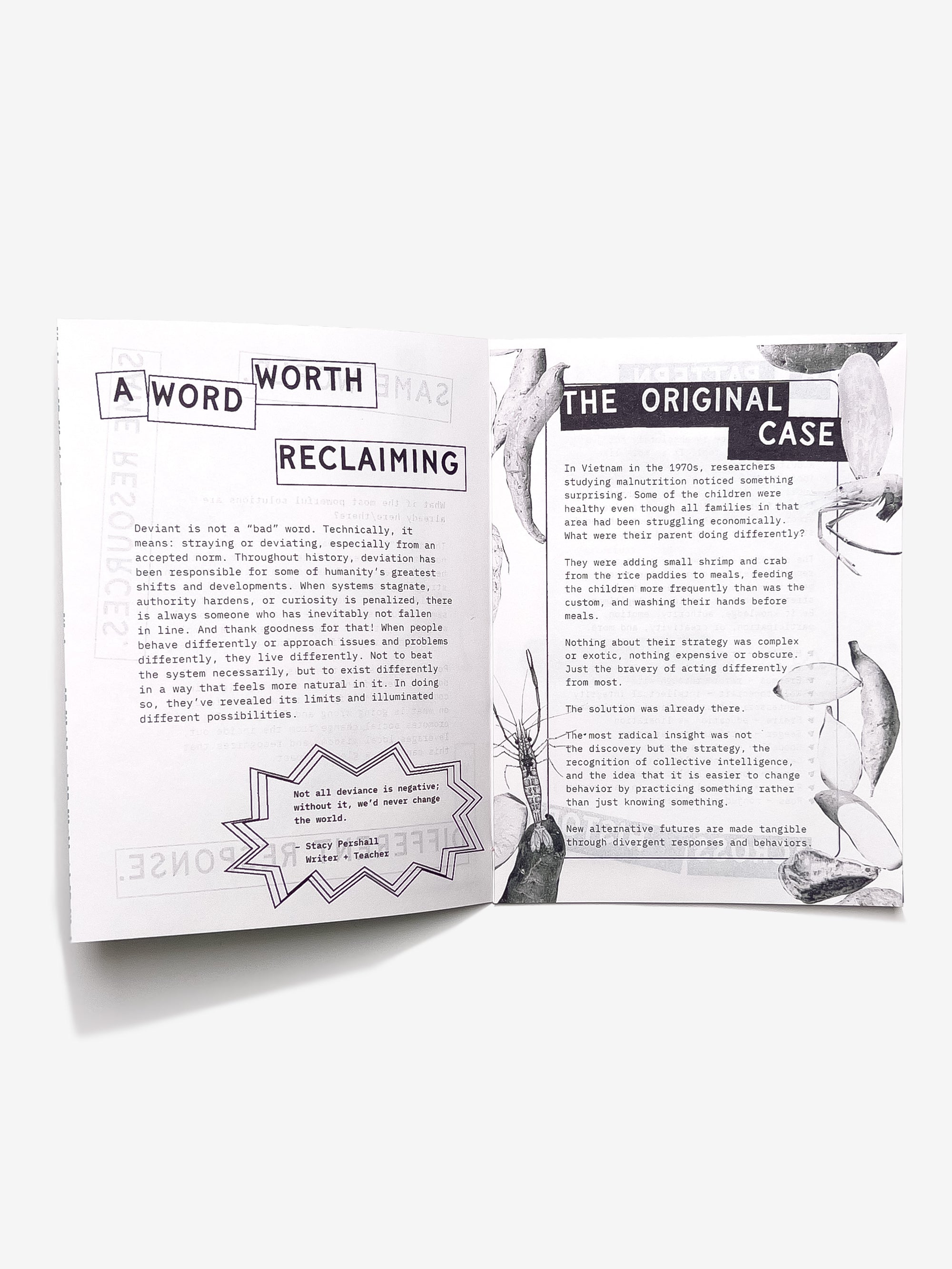 Open Positive Deviance zine with text about reclaiming the word deviance and the original case that inspired the term and graphics on a white background