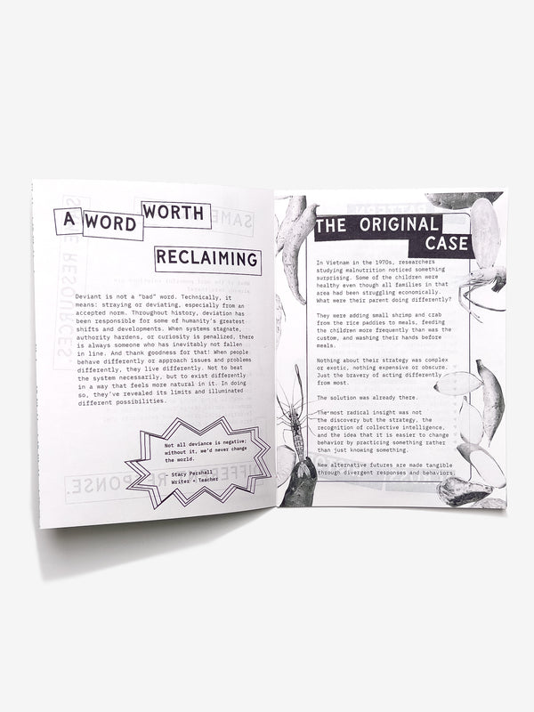 Open Positive Deviance zine with text about reclaiming the word deviance and the original case that inspired the term and graphics on a white background
