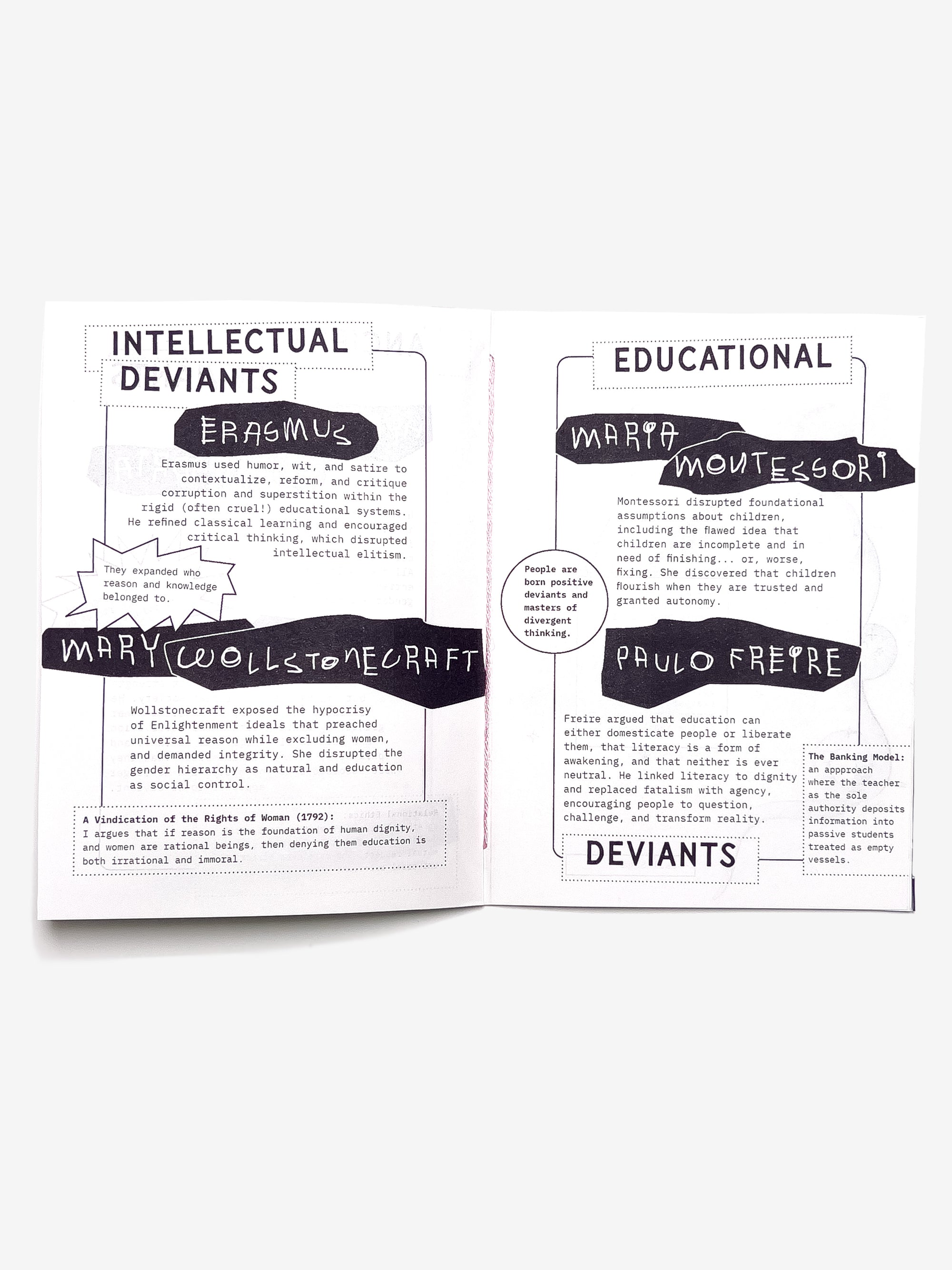 Open zine with text about intellectual deviants and educational figures like Mary Wollstonecraft, Paulo Freire, Maria Montessori, and Erasmus