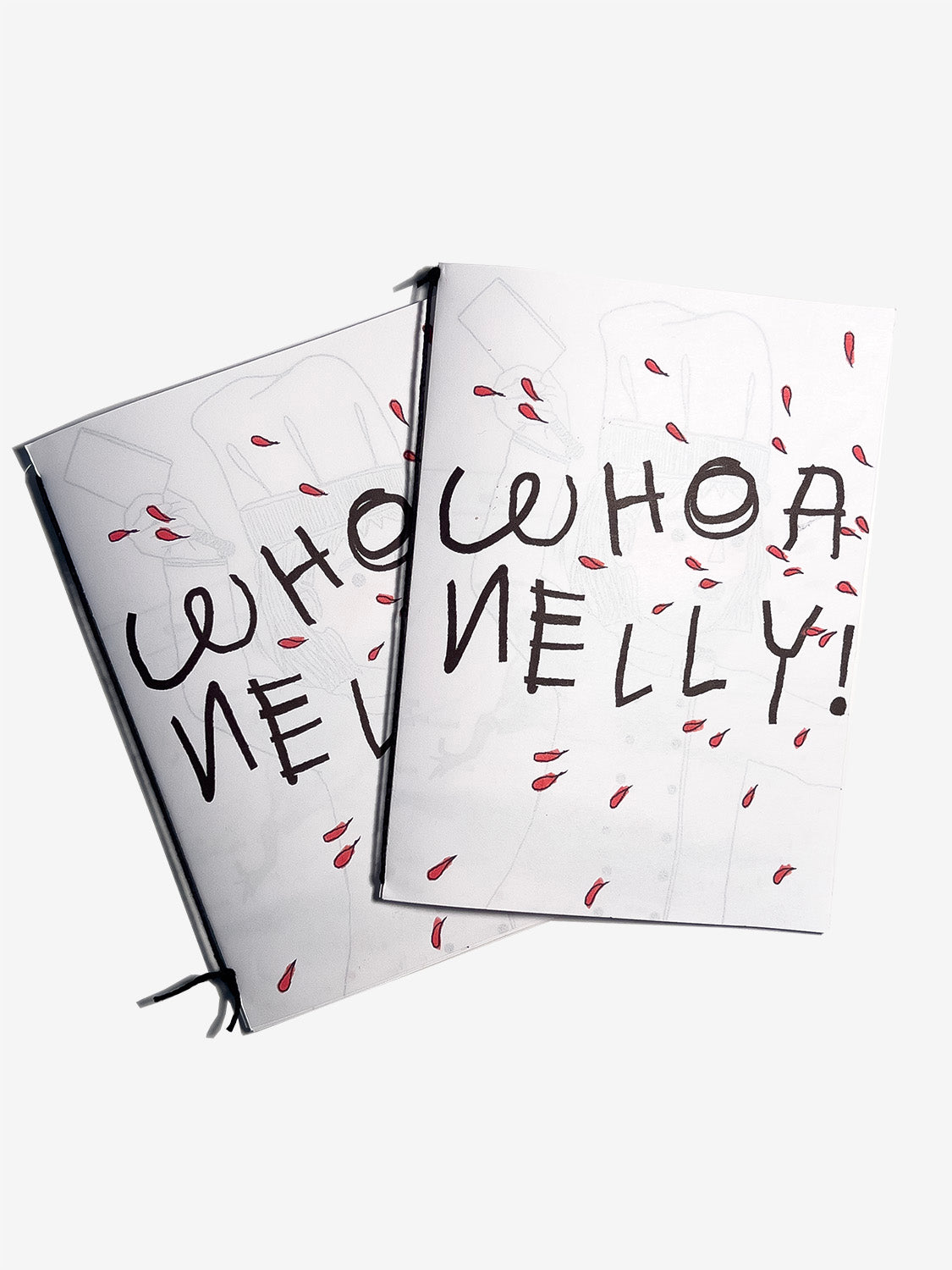 Two notebooks with 'WHOA NELLY!' text on a white background an illustrated blood splatter