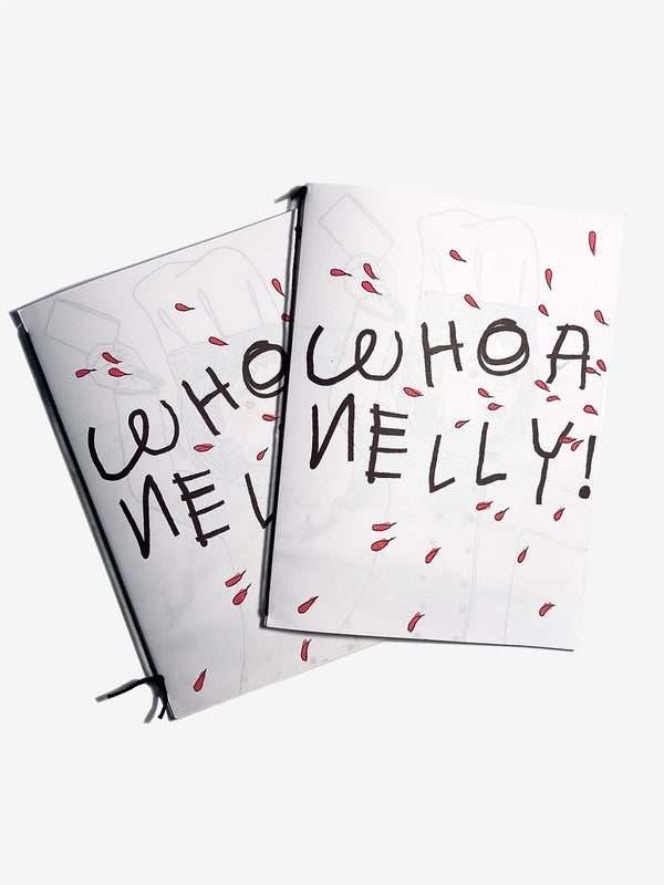 Two notebooks with 'WHOA NELLY!' text on a white background an illustrated blood splatter