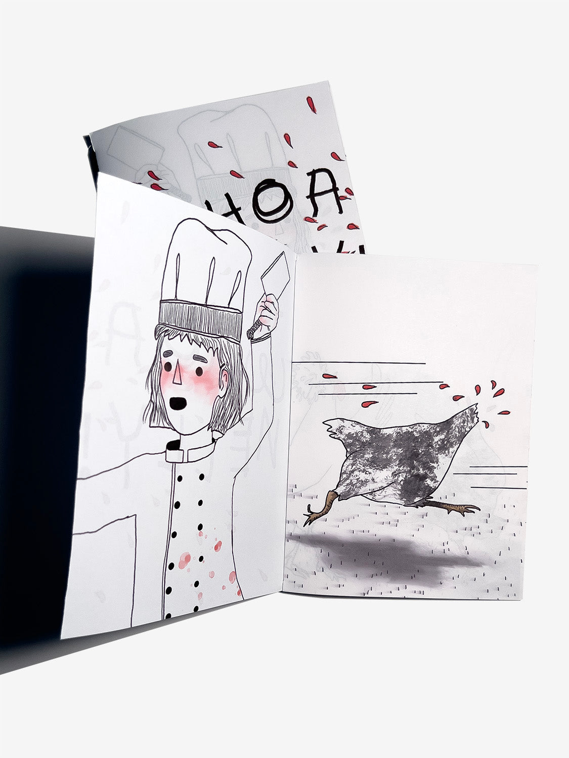 Illustrated book or card with a chef character and a headless chicken running away
