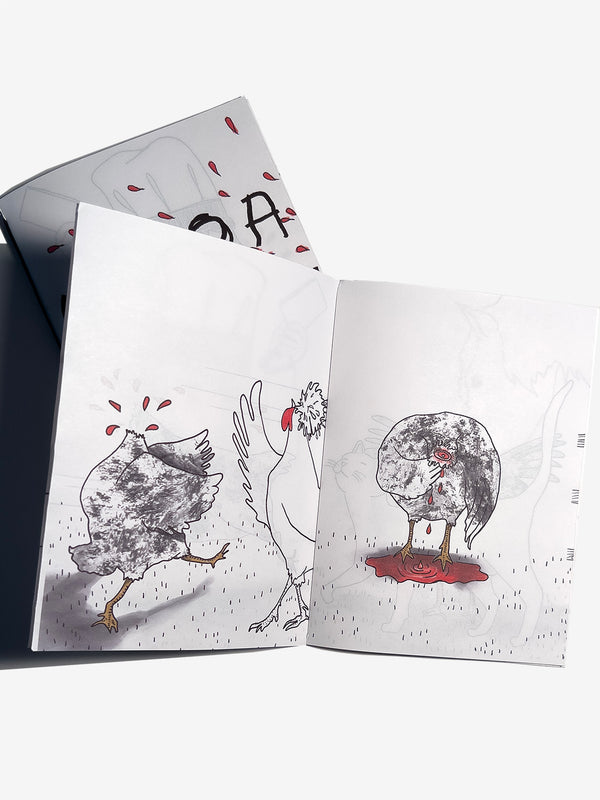 Open zine with illustrations of animals on a white background
