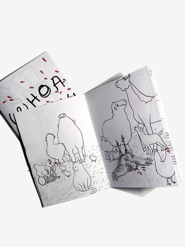 Two zines one open to a page with animal illustrations ignoring a falling headless chicken on the ground on a white background