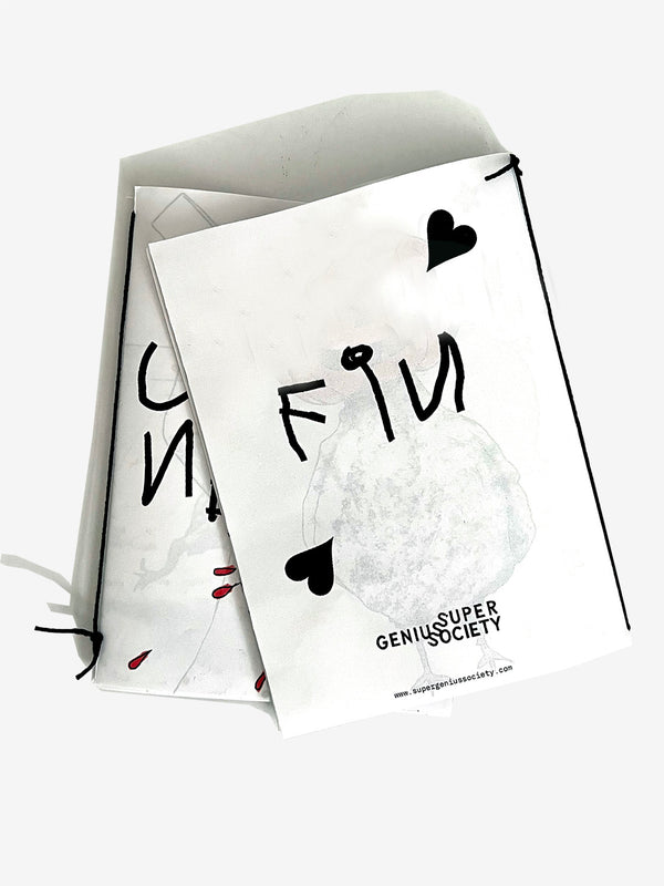 Two zines with black text saying Fin and hearts on a white background