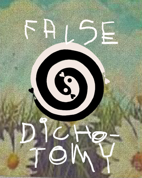 Black and white target symbol with text 'FALSE DICHOTOMY' on a nature-themed background